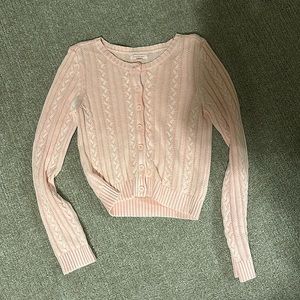 American eagle slightly cropped button up sweater in salmon pink